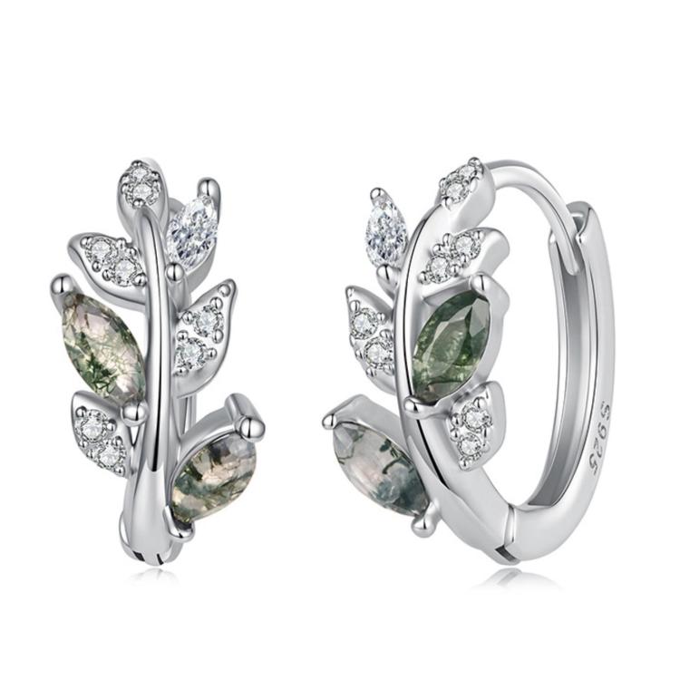 S925 Sterling Silver Natural Agate Leaf Hoop Earrings, BSE1314