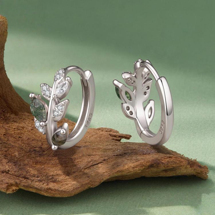S925 Sterling Silver Natural Agate Leaf Hoop Earrings, BSE1314