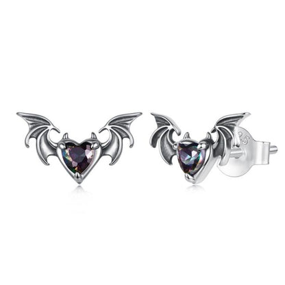 S925 Sterling Silver Oxidized Dark Style Halloween Bat Stud Earrings, SCE2051