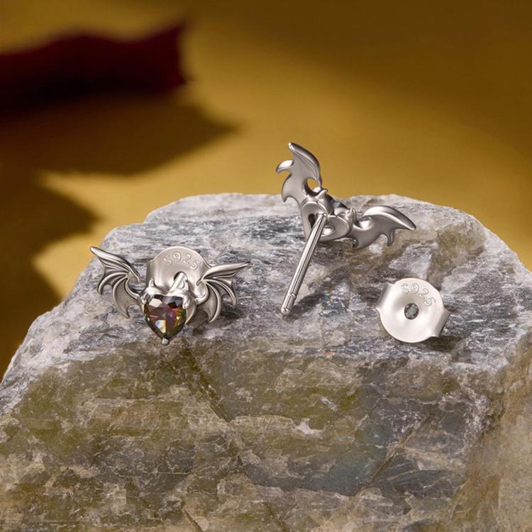 S925 Sterling Silver Oxidized Dark Style Halloween Bat Stud Earrings, SCE2051