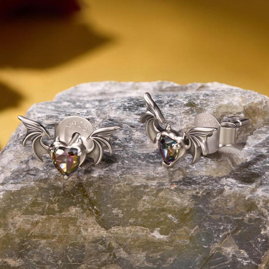 S925 Sterling Silver Oxidized Dark Style Halloween Bat Stud Earrings, SCE2051