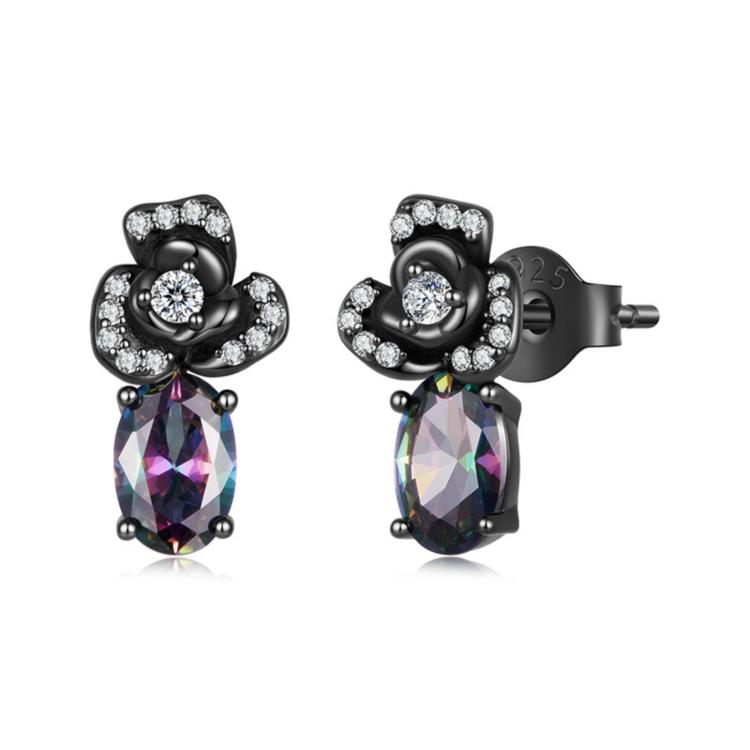 Black zircon drop earrings, floral stone top with faceted teardrop dangle