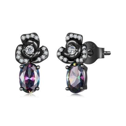 Black zircon drop earrings, floral stone top with faceted teardrop dangle