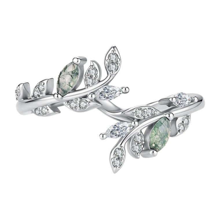 S925 Sterling Silver Natural Agate Leaf Open Ring, BSR776-E