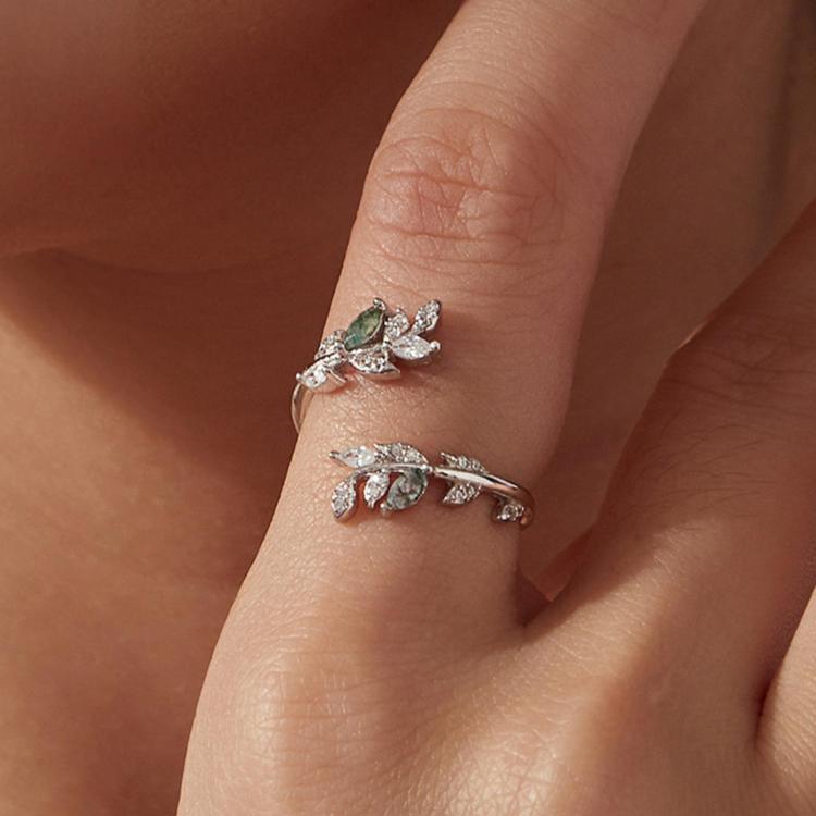 S925 Sterling Silver Natural Agate Leaf Open Ring, BSR776-E
