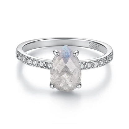 S925 sterling silver ring with teardrop center stone and pavé band
