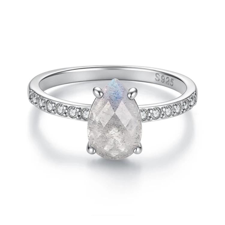 S925 sterling silver ring with teardrop center stone and pavé band