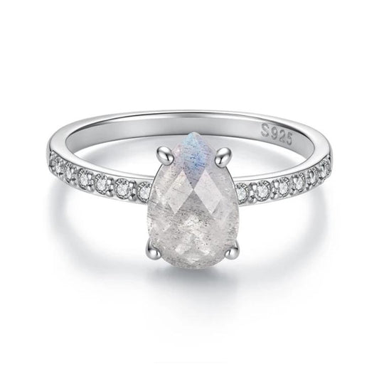 S925 Sterling Silver Ring with Natural Teardrop-Shaped Center Stone, 6 US Size, 7 US Size, 8 US Size