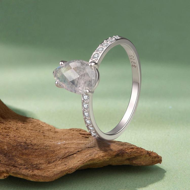S925 sterling silver ring with teardrop center stone and pavé band