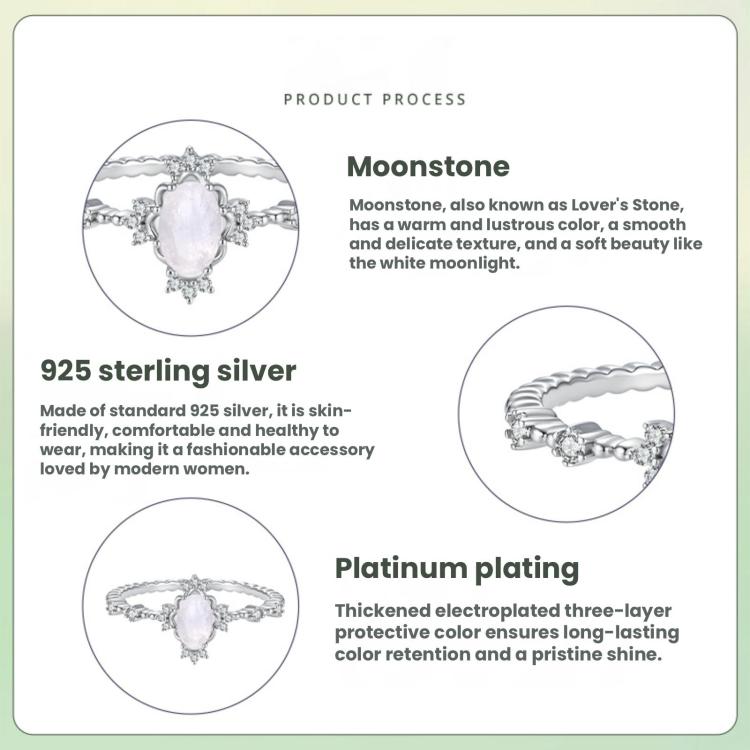 S925 Sterling Silver Natural Moonstone Ring, 6 US Size, 7 US Size, 8 US Size