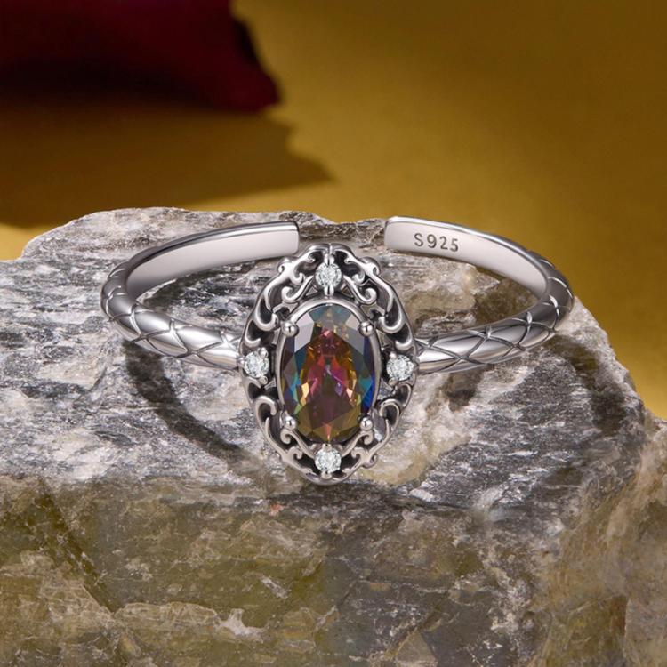 S925 Sterling Silver Adjustable Open Ring with Large Center Stone and Vintage Pattern, SCR1217-E
