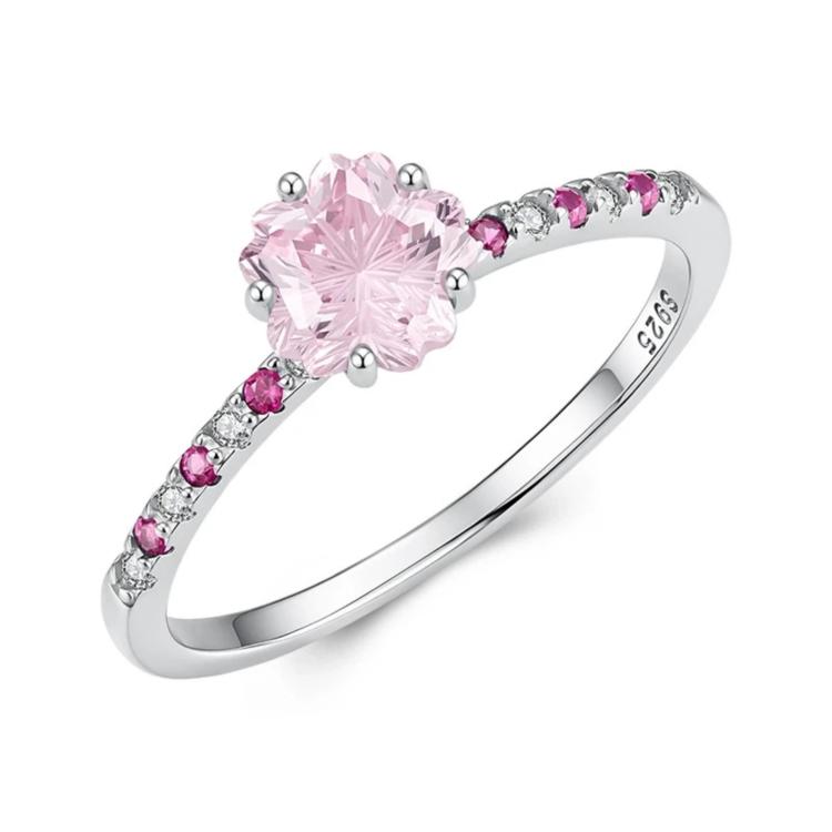 Pink cherry blossom flower ring with round zircon accents and silver band