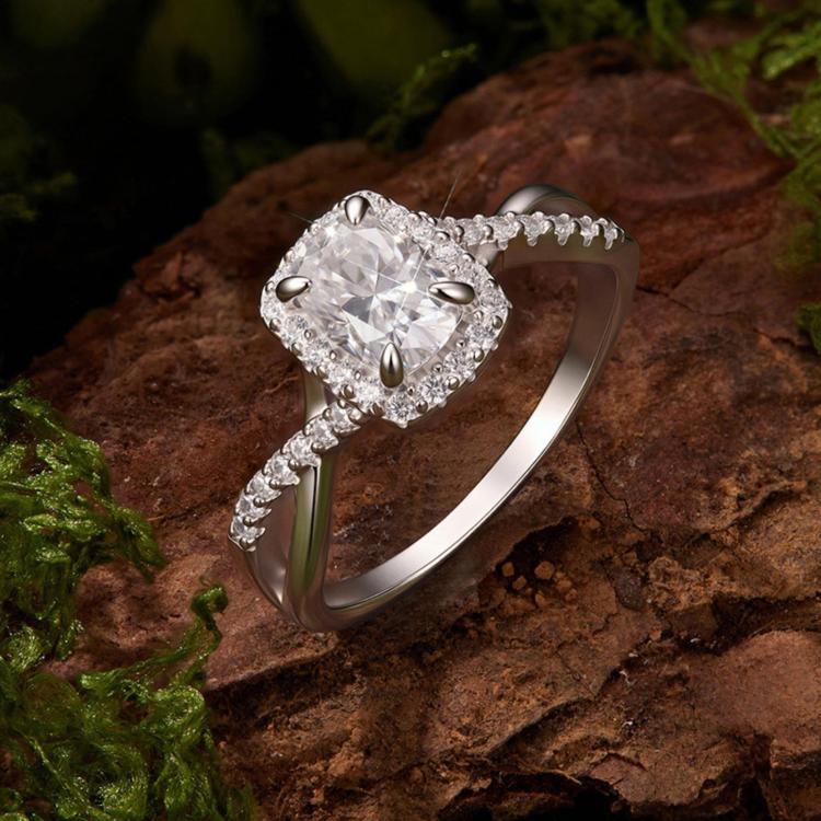S925 sterling silver moissanite ring with cushion-cut halo setting
