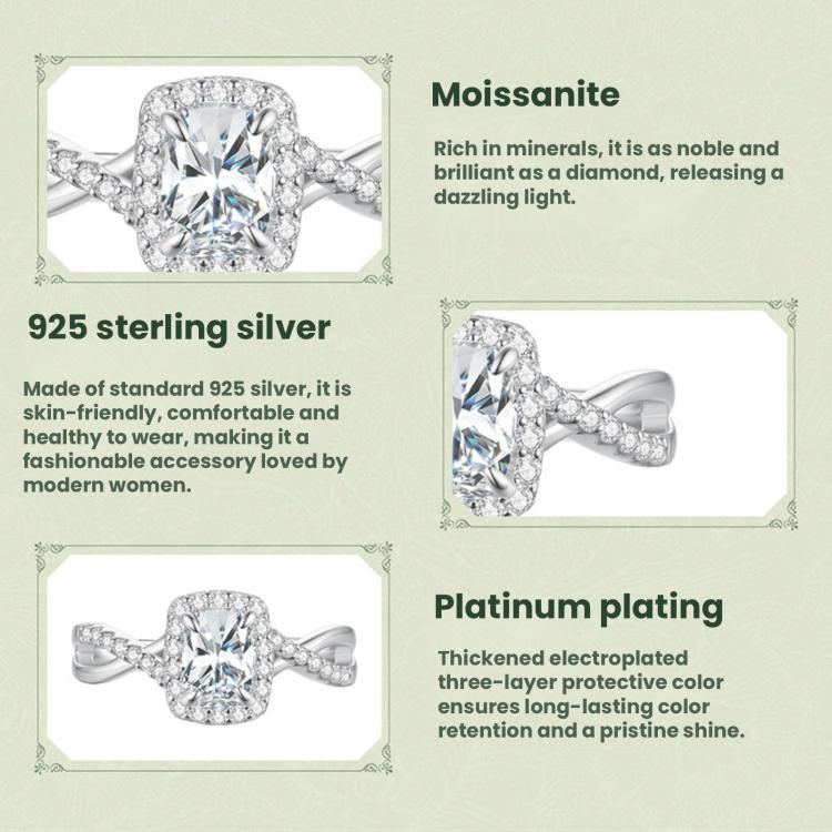 Feature infographic for moissanite ring: 925 sterling silver and platinum plating