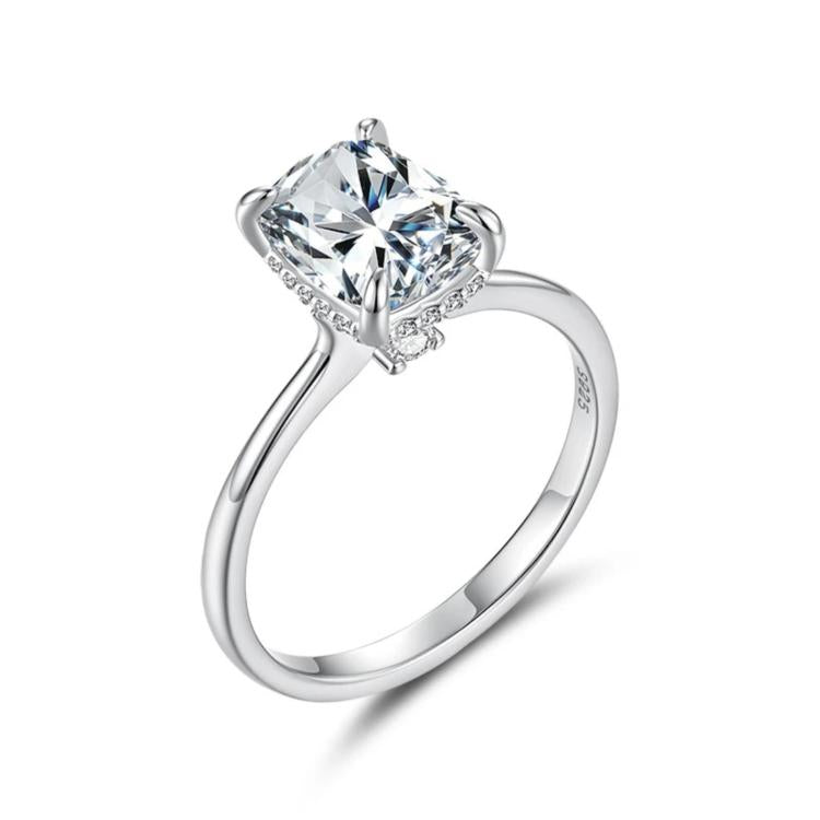 Sterling silver moissanite ring, square-cut center stone with four prongs and slim band
