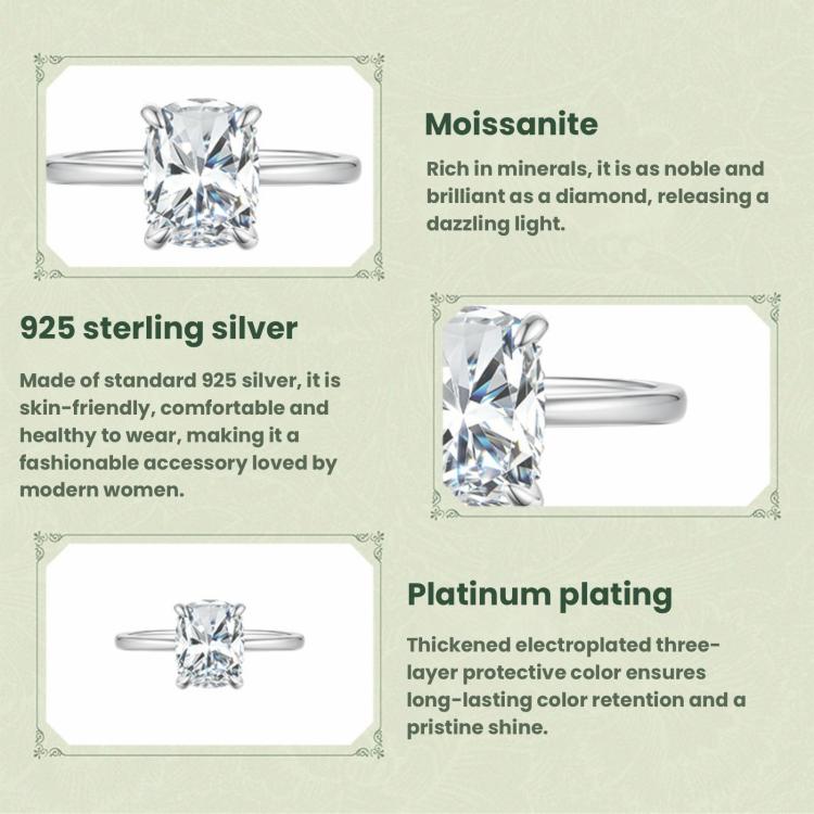 Moissanite ring product graphic showing sterling silver band and four-prong stone setting