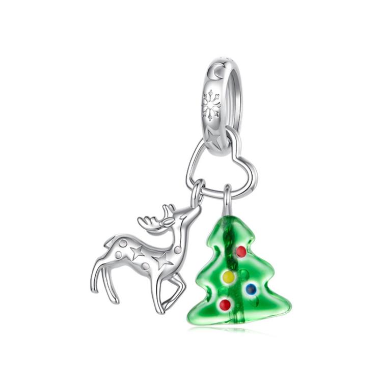 Sterling silver Christmas charm bead with green tree and reindeer dangle