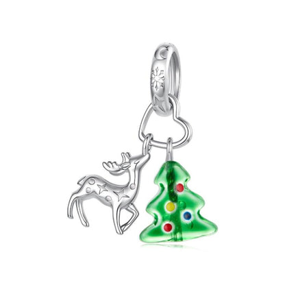 Sterling silver Christmas charm bead with green tree and reindeer dangle