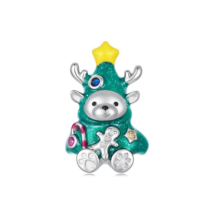Teal animal Christmas charm bead with yellow star hat and jeweled details