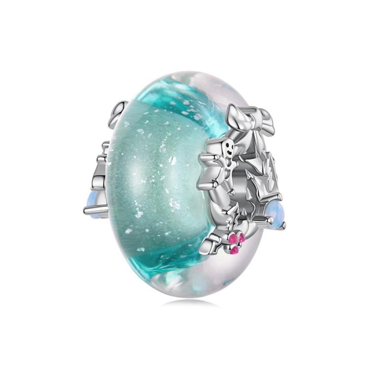 Aqua glitter dome Christmas charm bead with silver sparkle and small gems