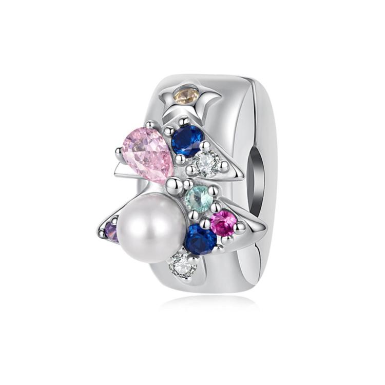 Sterling silver charm bead with multicolor stones and a white pearl