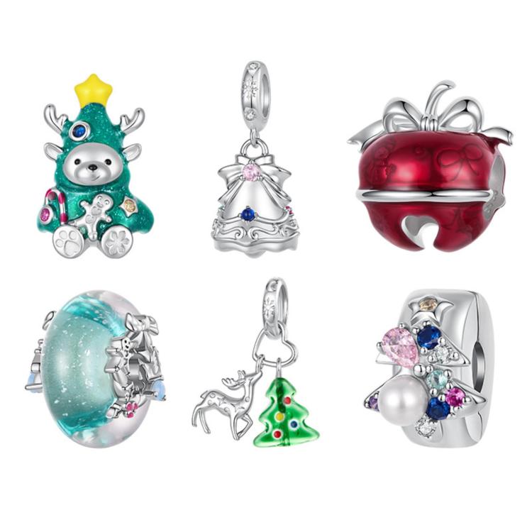 Christmas charm bead assortment with teal bear, bell, and red ornament views