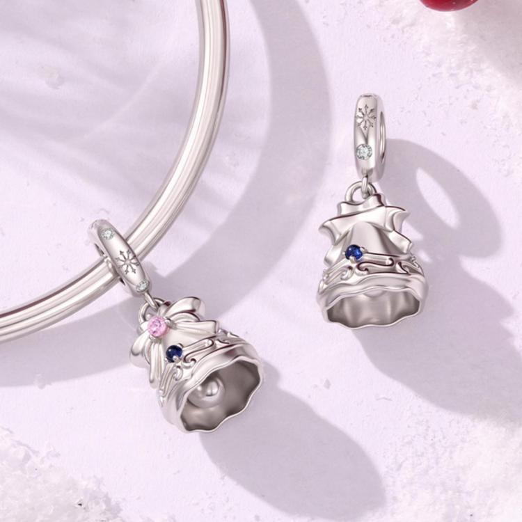 Sterling silver Christmas bell charm bead with pink and blue stones