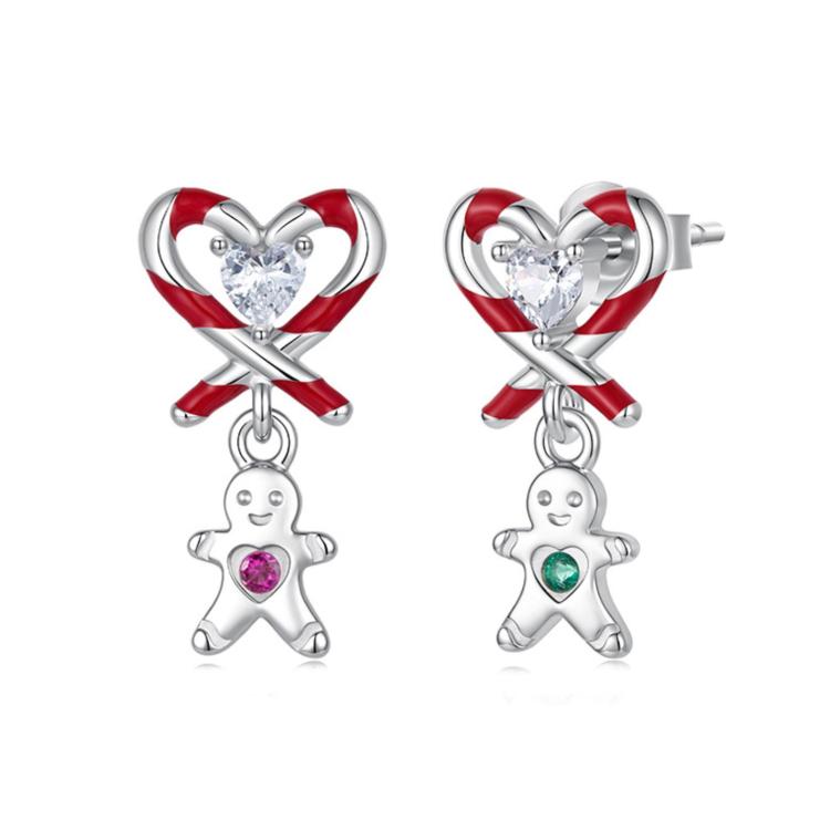 Sterling silver stud earrings with candy-cane heart and dangling gingerbread charm