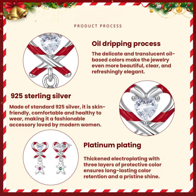 Sterling silver earrings with candy-cane heart studs and dangling gingerbread charm