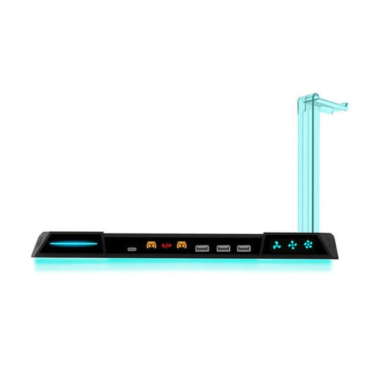 Charging station front bar with USB ports and RGB light strip, upright stand for console