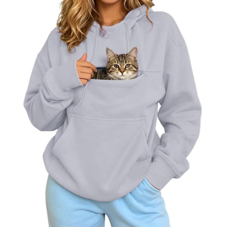 Light gray pet-carrying hoodie with kangaroo pocket and cat face in front pouch