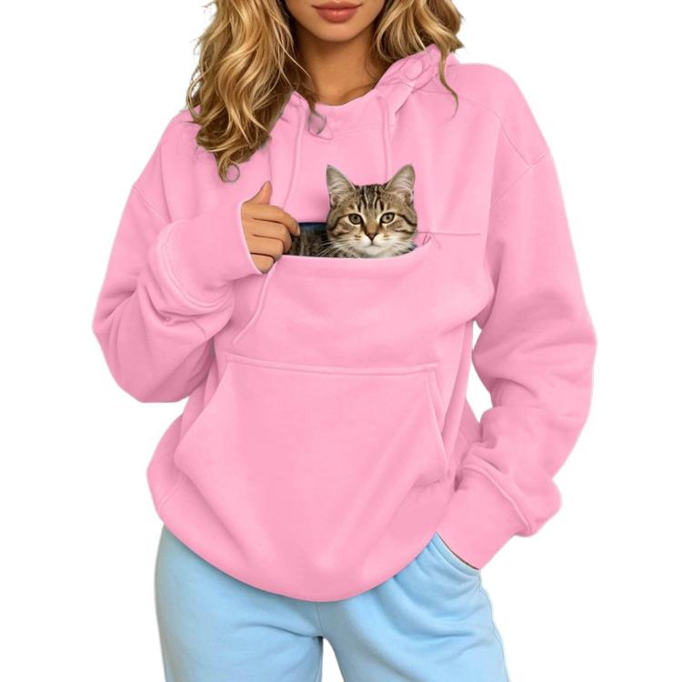 Pink pet-carrying hoodie with kangaroo pocket and cat peeking through front pouch