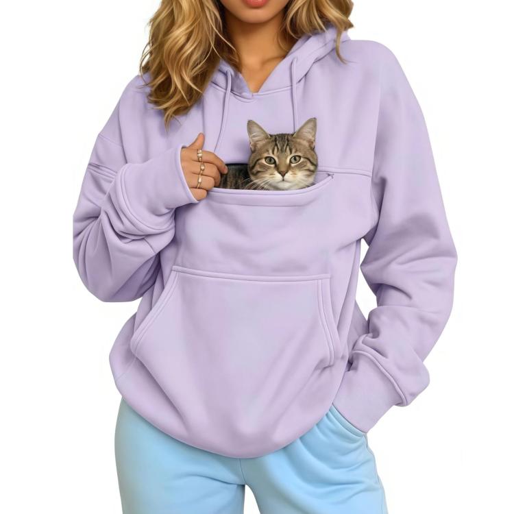 Light purple pet-carrying hoodie with kangaroo pocket and cat face in front pouch