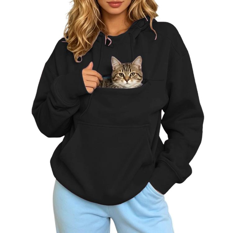 Black pet-carrying hoodie with fleece lining, kangaroo pocket, and drawstring hood