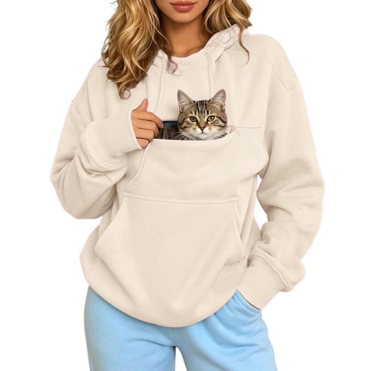 Cream fleece-lined pet-carrying hoodie with cat pouch and kangaroo pocket, long sleeves