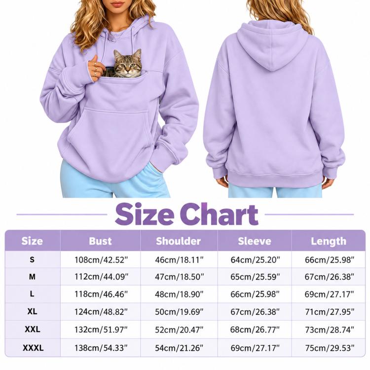 Lavender pet-carrying hoodie, front and back views with drawstring hood and pouch pocket