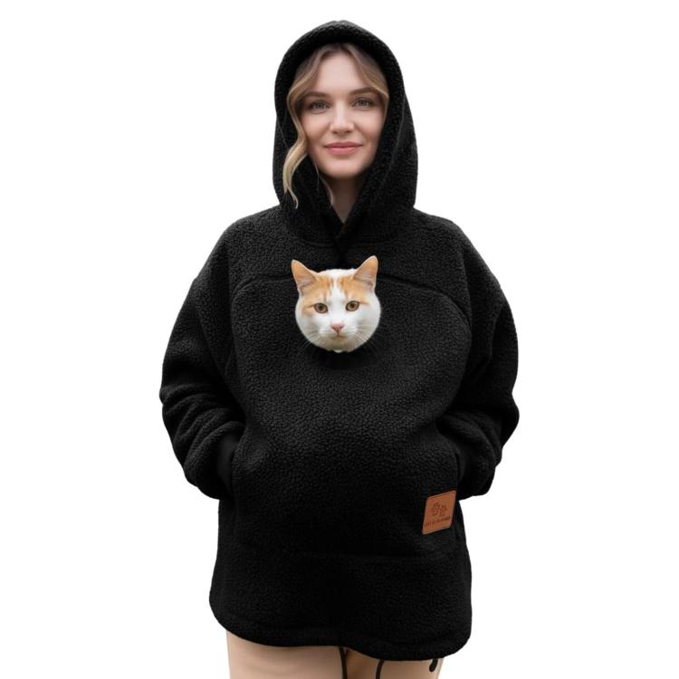 Black fleece hoodie with hood and kangaroo pocket, cat face graphic on chest.
