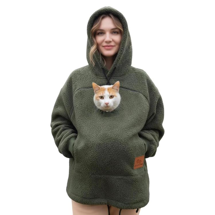 Olive green fleece hoodie with hood and kangaroo pocket, cat face graphic on chest.