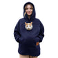 Navy blue fleece hoodie with hood and kangaroo pocket, cat face graphic on chest.