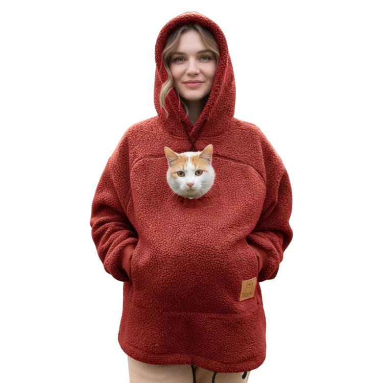 Red fleece hoodie with hood and kangaroo pocket, cat face graphic on chest.