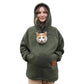 Olive green fleece hoodie with hood and kangaroo pocket, cat face graphic on chest.