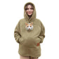 Olive green fleece hoodie with front kangaroo pocket and cat face graphic at chest