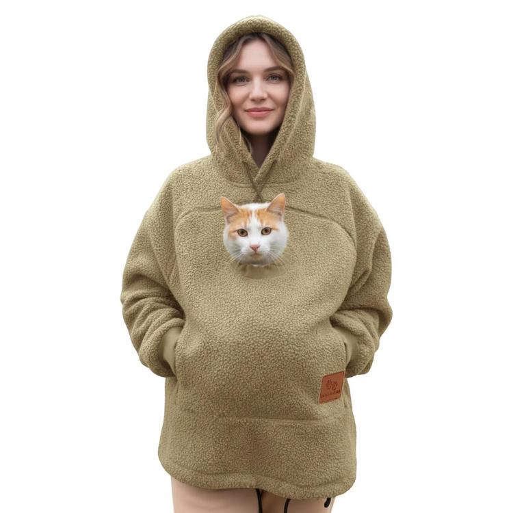 Olive fleece hoodie with front pocket and cat face graphic at chest