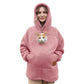 Pink fleece pullover hoodie with hood and kangaroo pocket, cat sitting on chest