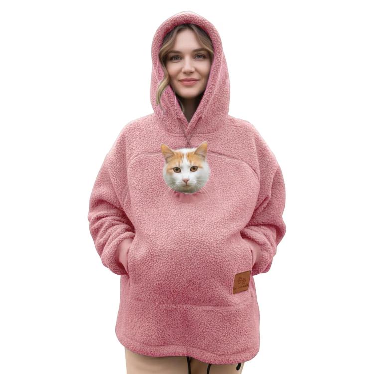 Pink fleece pullover hoodie with hood and kangaroo pocket, cat sitting on chest