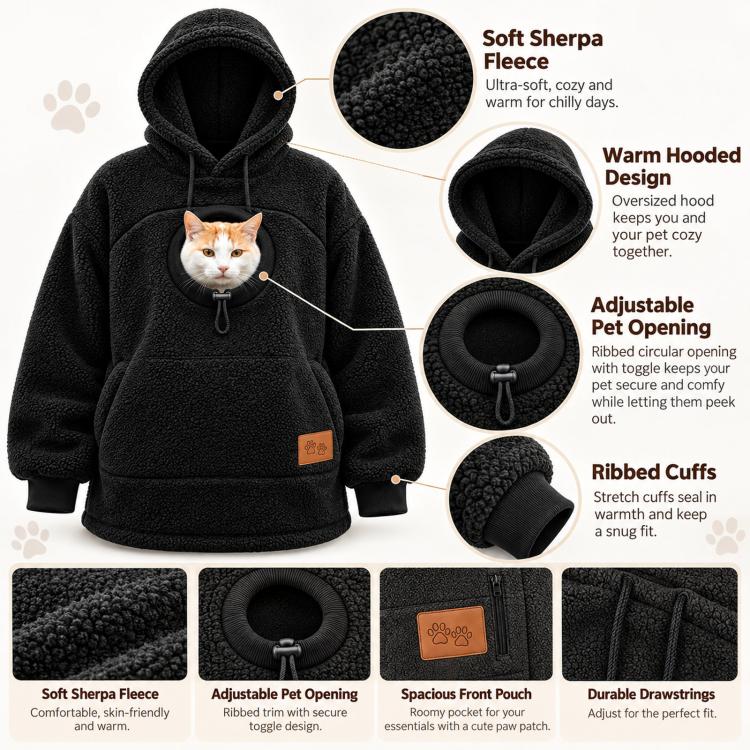 Black sherpa fleece pet hoodie with pet opening, drawstrings, and front pouch