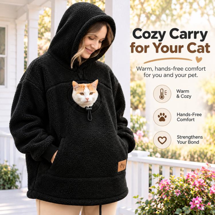 Black loose-fit fleece hoodie, hooded pullover with front pouch pocket.