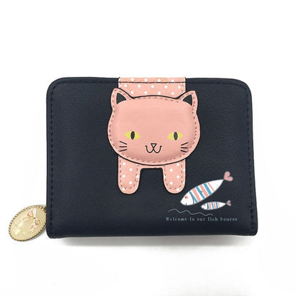 Small black cat zipper wallet with pink cat face applique and coin pouch keychain loop