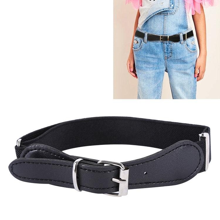 Kids black adjustable elastic belt with square pin buckle and faux leather strap