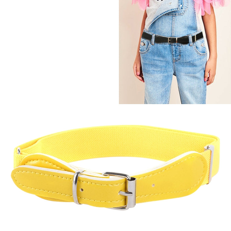 Kids yellow adjustable elastic belt with square pin buckle and stitched faux leather strap